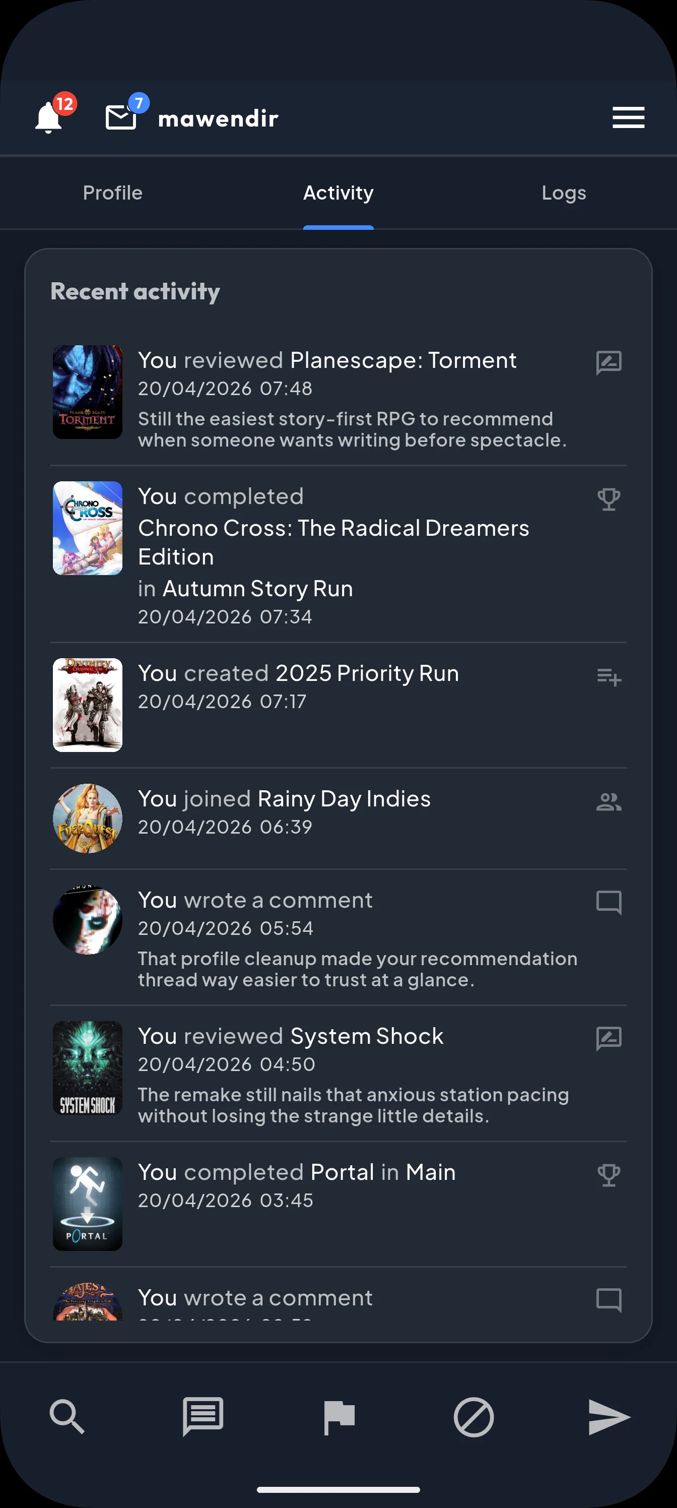Checkpointr recent activity screen