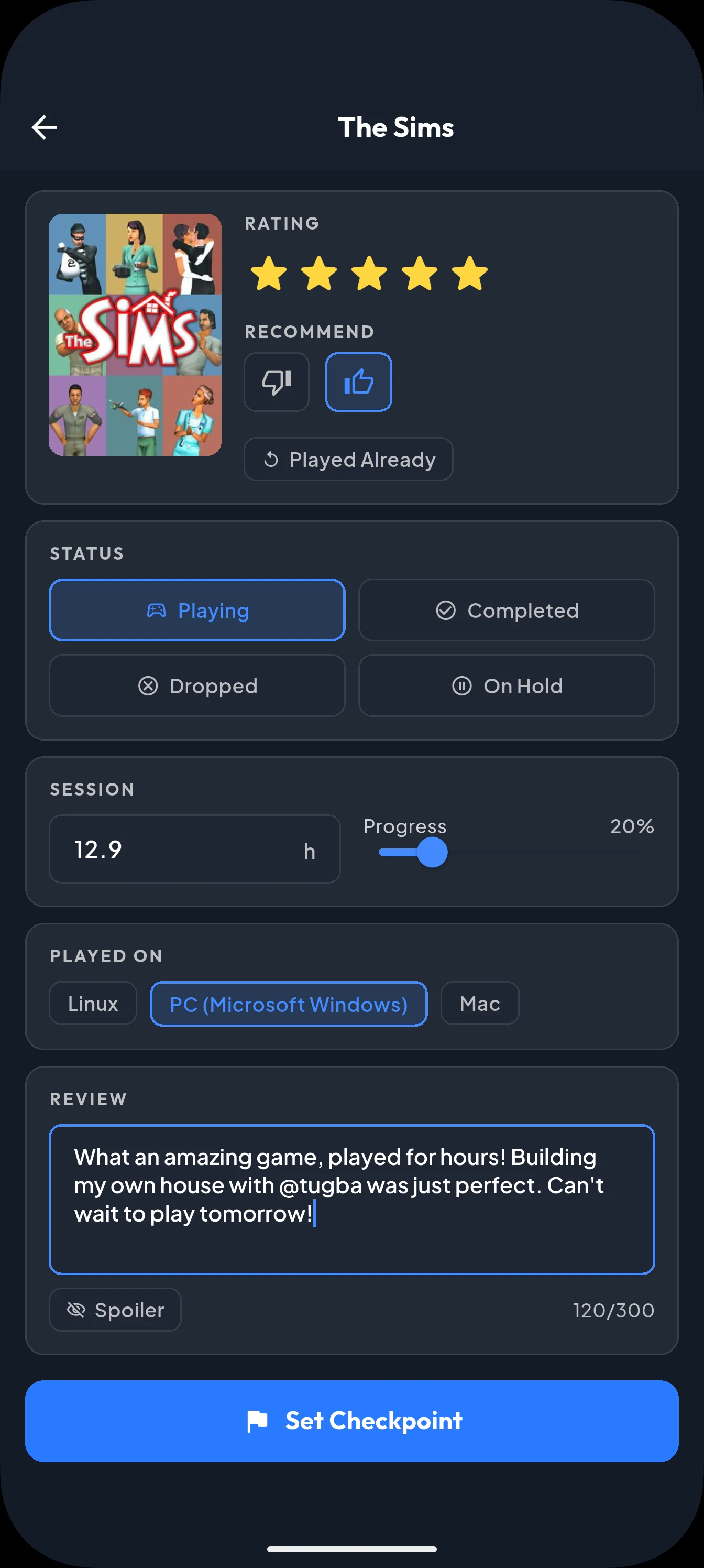 Checkpointr checkpoint logging screen