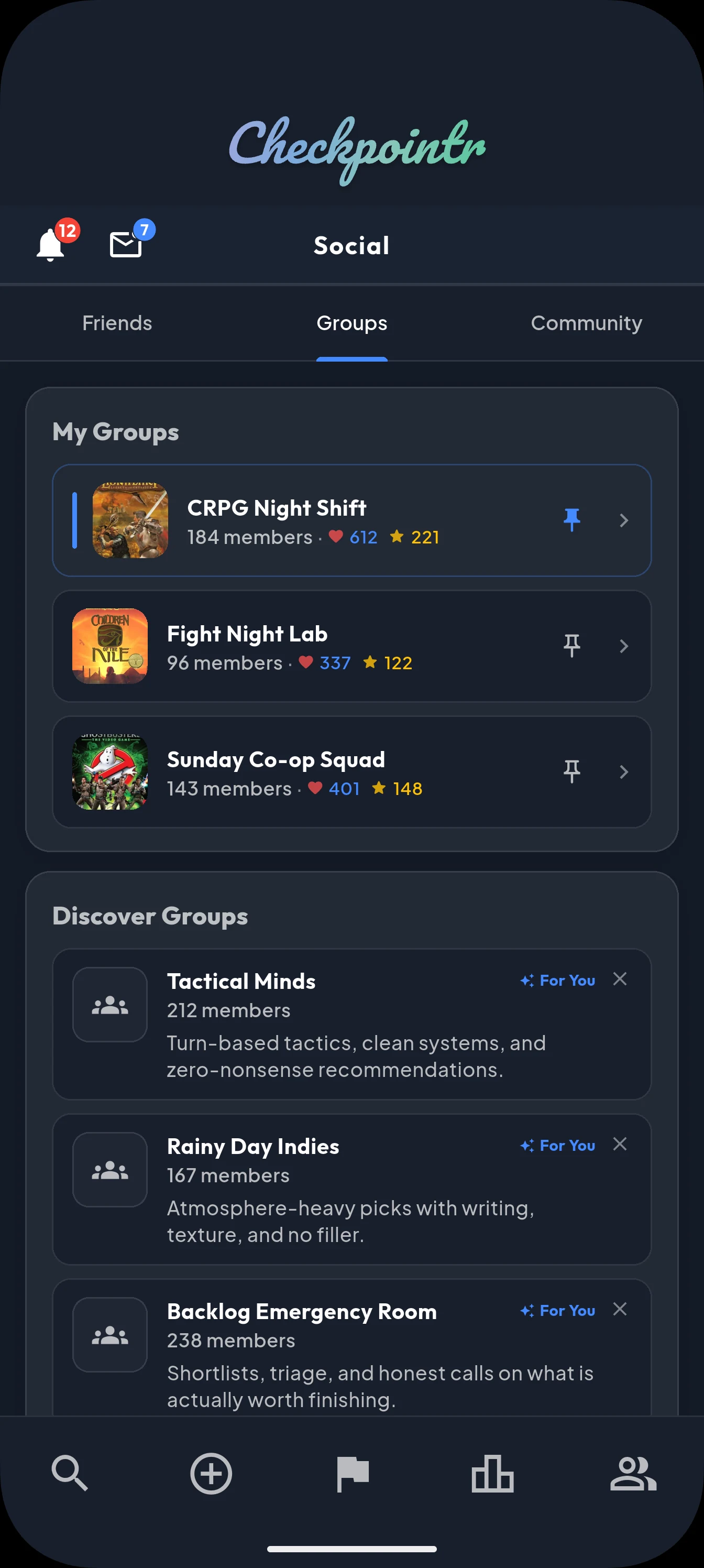 Checkpointr groups screen