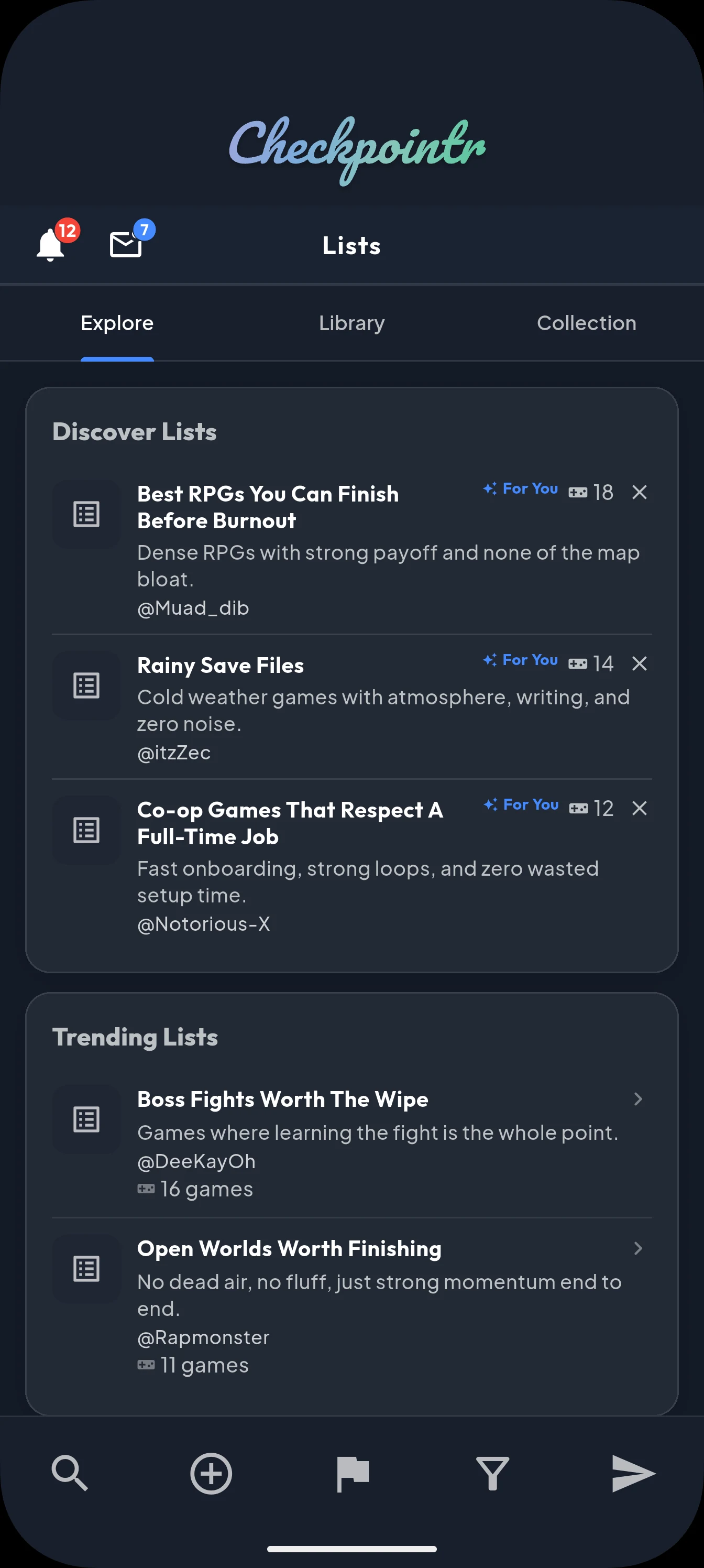 Checkpointr list discovery screen